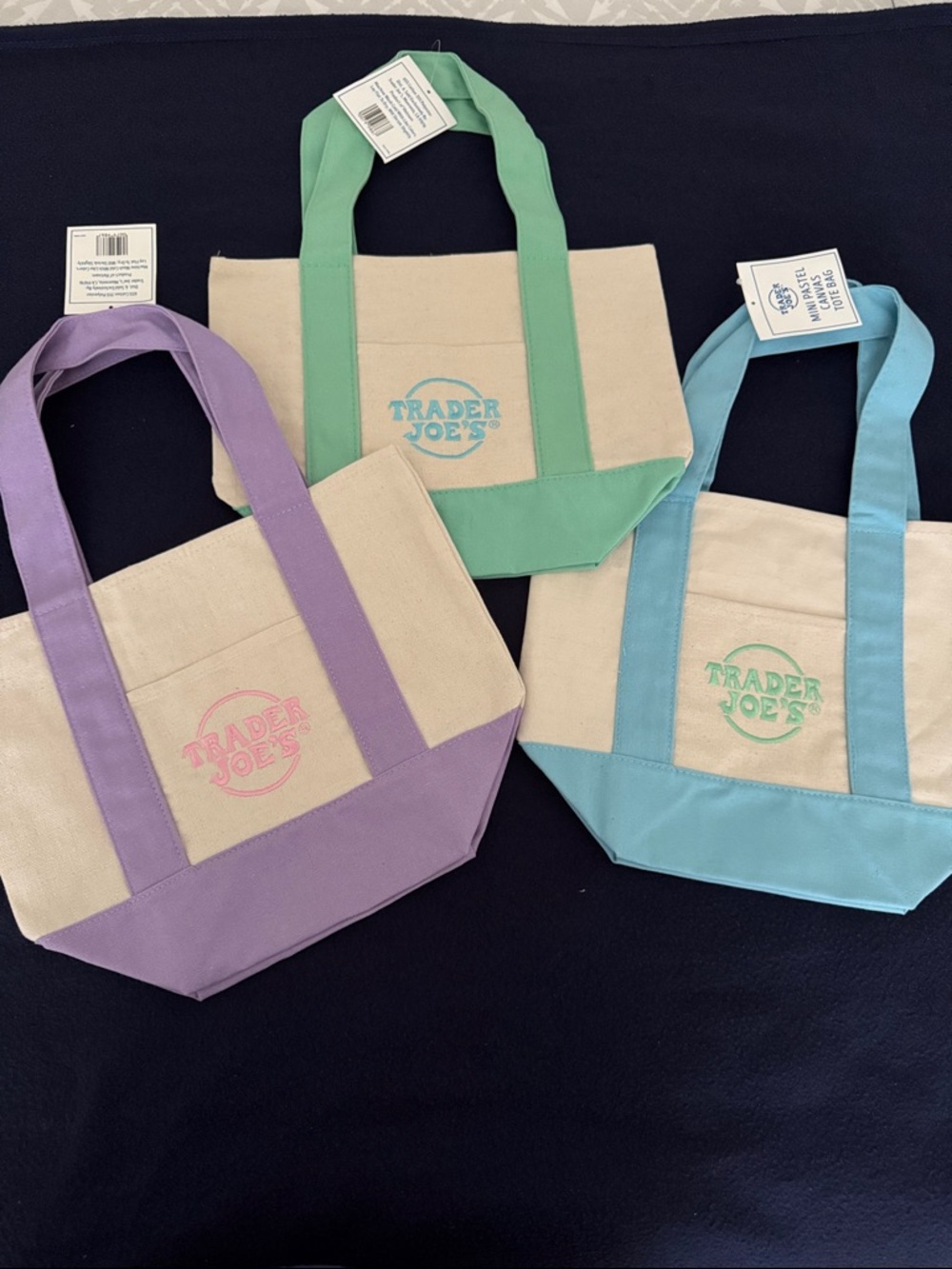 Trader Joe's Tote Canvas bag. Set of 3 Pink, Lavander & Light blue. NEW